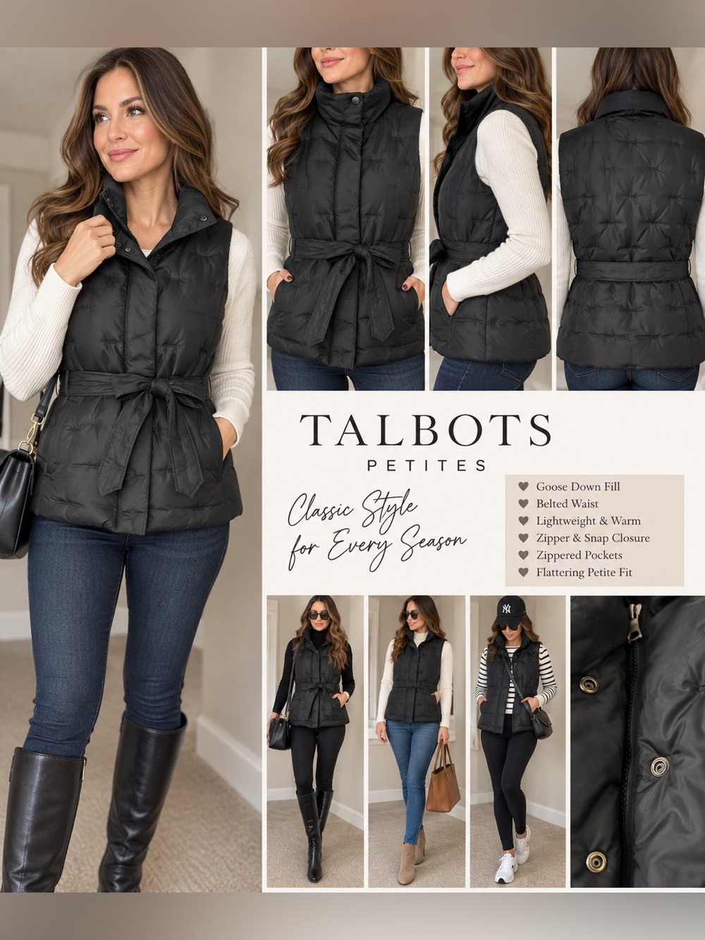 Talbots Petites Black Goose Down Belted Puffer Vest LP Large Petite euc